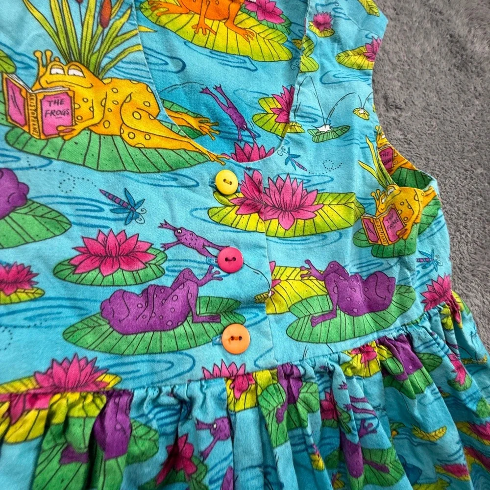 Designed by Virginia Dress Kids Size 5 Blue Vintage Frog Lily Pad Print
